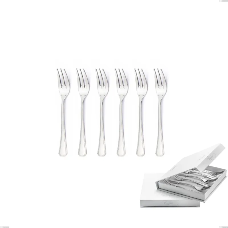 Confezione a libro 6 pezzi forchette dolce Savoia Argento 8 micron, Acciaio inox Aisi 304 Finitura Argentata, spessore argento 8 micron, spessore posata 3 mm Eme Posaterie Prezzo Di Fabbrica