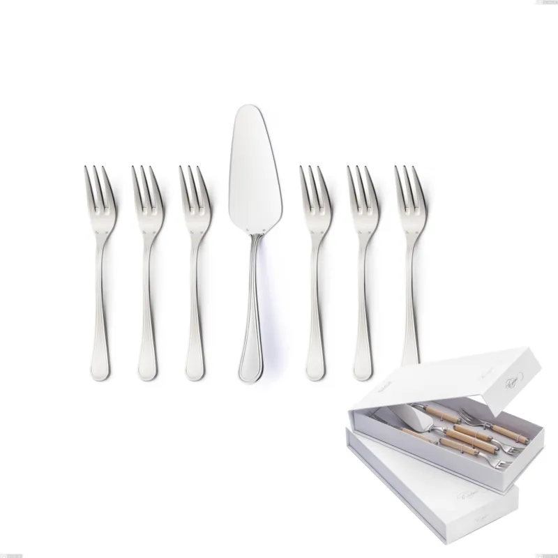 Scelto Dai Clienti Confezione a libro 7 pezzi, forchettine più paletta dolce Impero Argento 8 micron, Acciaio inox Aisi 304 Finitura Argentata, spessore argento 8 micron, spessore posata 3 mm Eme Posaterie