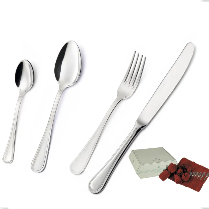 Confezione posate 75 pezzi in argento con custodia antiossidante Impero Argento 8 micron, Acciaio inox Aisi 304 Finitura Argentata, spessore argento 8 micron, spessore posata 3 mm Eme Posaterie Quantità Limitata