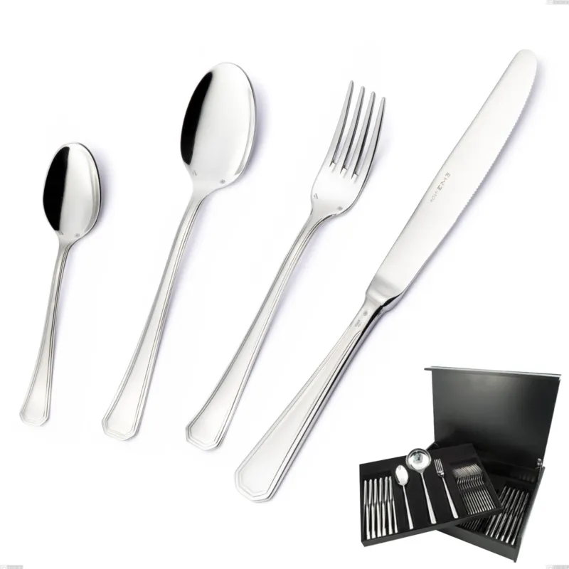 Bestseller Astuccio legno 75 pezzi Savoia Argento 8 micron, Acciaio inox Aisi 304 Finitura Argentata, spessore argento 8 micron, spessore posata 3 mm Eme Posaterie