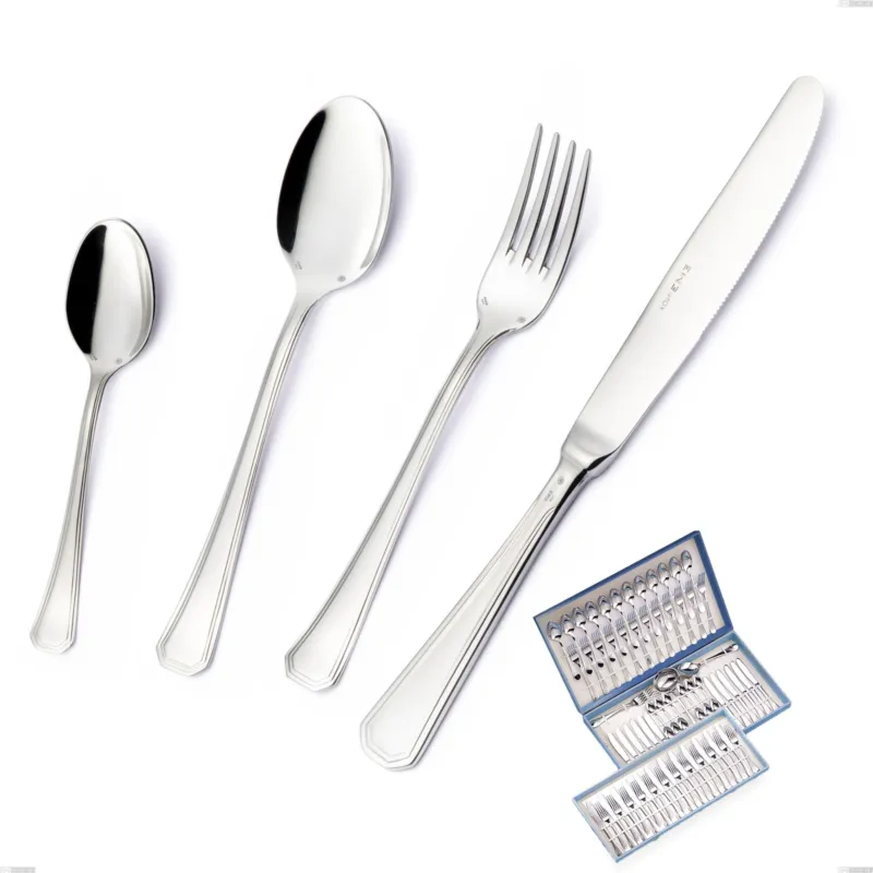 Astuccio 75 pezzi Savoia Argento 8 micron, Acciaio inox Aisi 304 Finitura Argentata, spessore argento 8 micron, spessore posata 3 mm Eme Posaterie Professionale