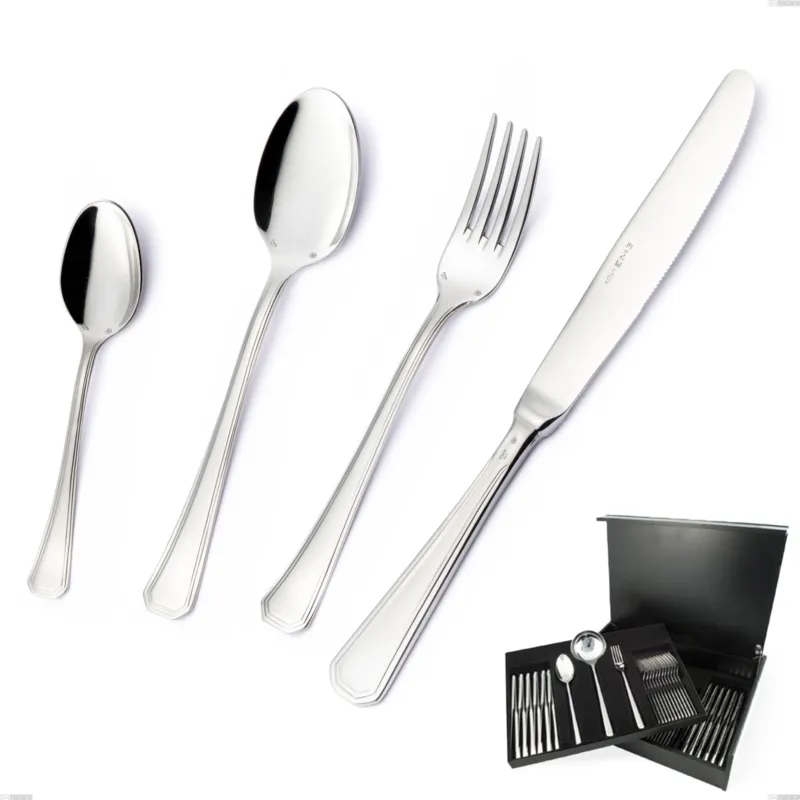 Astuccio legno 113 pezzi Savoia Argento 8 micron, Acciaio inox Aisi 304 Finitura Argentata, spessore argento 8 micron, spessore posata 3 mm Eme Posaterie Ultime Pezzi