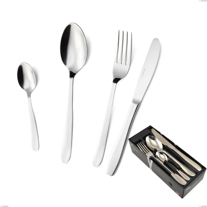 Confezione salvaspazio 24 pezzi coltello economico katya, Acciaio inox Aisi 304 Posate Lucide, spessore 2 mm Eme Posaterie Scelto Dai Clienti