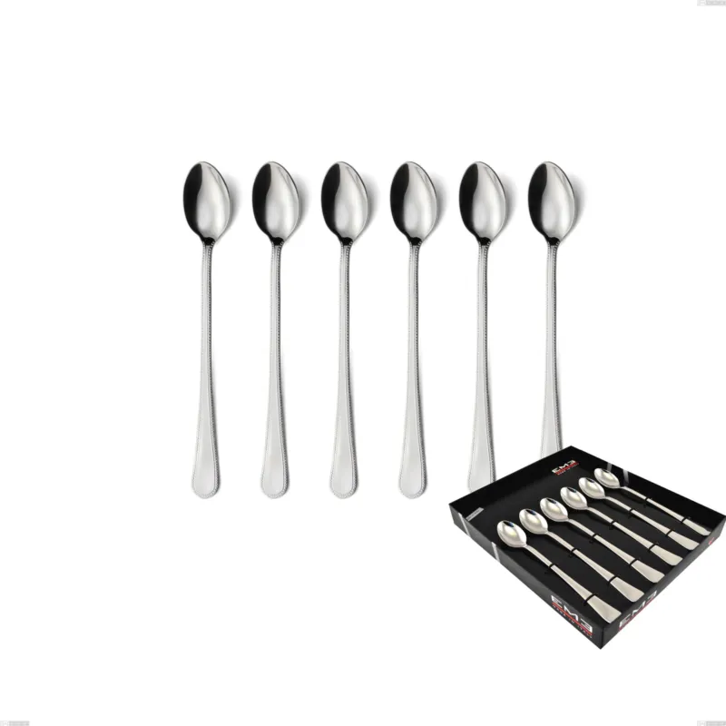 Reso Gratuito Confezione vetrina 6 pezzi cucchiaini bibita perles, Acciaio inox Aisi 304 lucido, spessore 2.5 mm, design Classico Eme Posaterie
