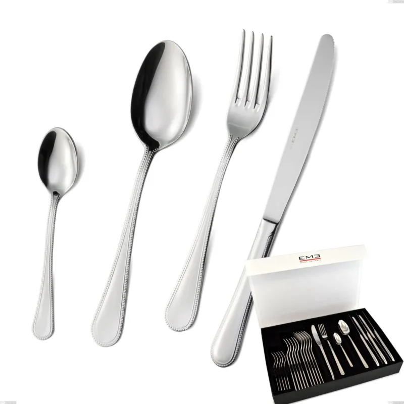 Sconto Confezione panoramica a libro 24 pezzi perles, Acciaio inox Aisi 304 lucido, spessore 2.5 mm, design Classico Eme Posaterie