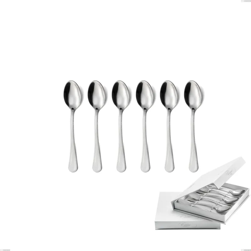 Consegna Rapida Confezione a libro 6 pezzi cucchiaini caffè perles, Acciaio inox Aisi 304 lucido, spessore 2.5 mm, design Classico Eme Posaterie