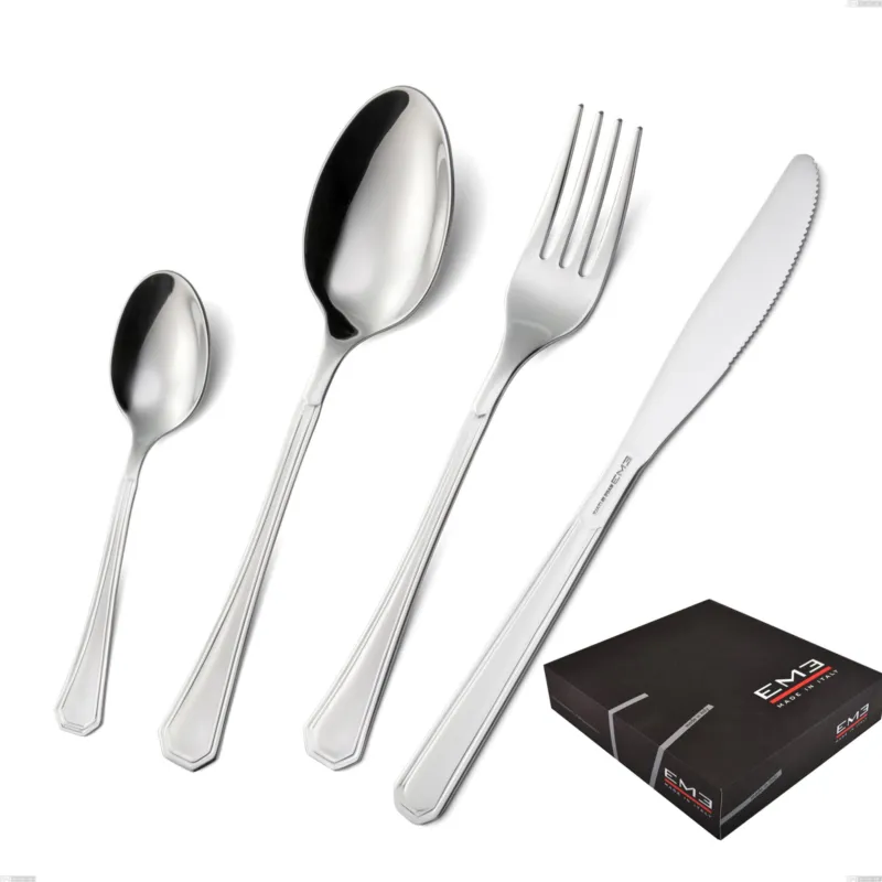 Novità Set di posate 75 pezzi loira in confezione regalo coltello economico, Acciaio inox Aisi 304 lucido, spessore 2 mm, design Classico Eme Posaterie