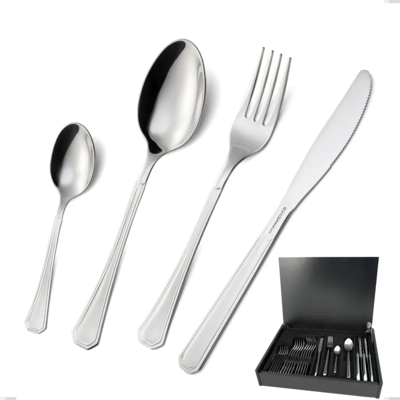 Offerta Speciale Astuccio legno 24 pezzi coltello economico loira, Acciaio inox Aisi 304 lucido, spessore 2 mm, design Classico Eme Posaterie