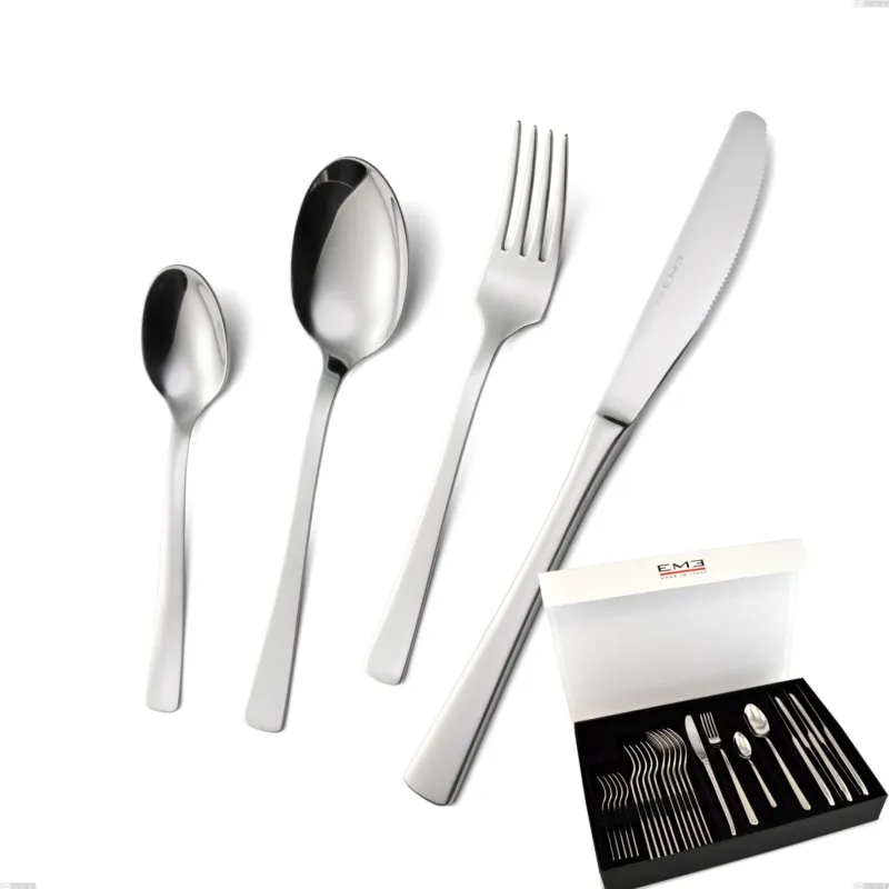 Affare Set di posate 24 pezzi doram in confezione panoramica a libro coltello economico, Acciaio inox Aisi 304 lucido, spessore 2.5 mm Eme Posaterie