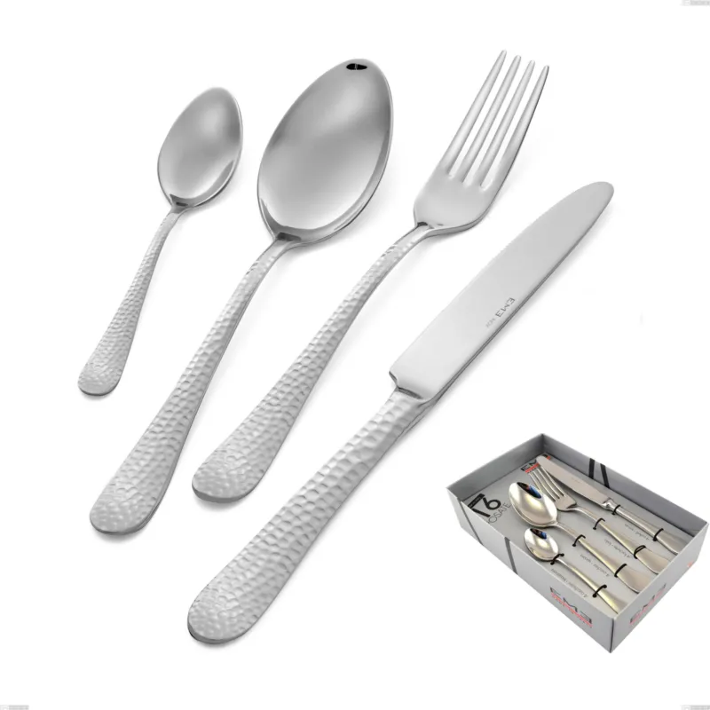Confezione vetrina 16 pezzi cortina, Acciaio inox (Aisi 304) acciaio martellato lucido Eme Posaterie Subito Disponibile