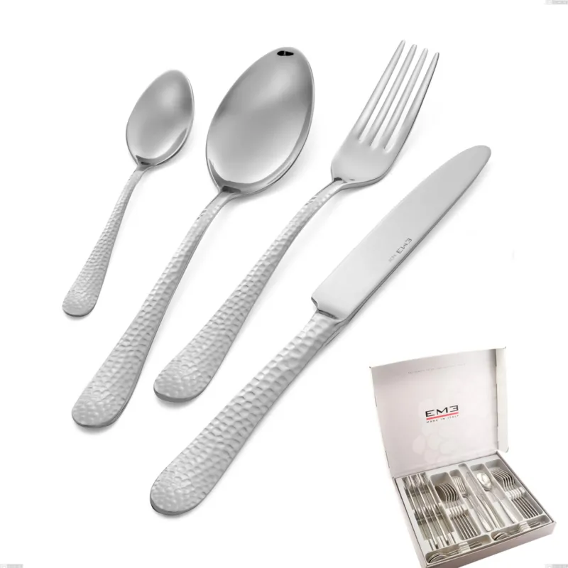 Cofanetto 24 pezzi cortina, Acciaio inox (Aisi 304) acciaio martellato lucido Eme Posaterie Reso Gratuito