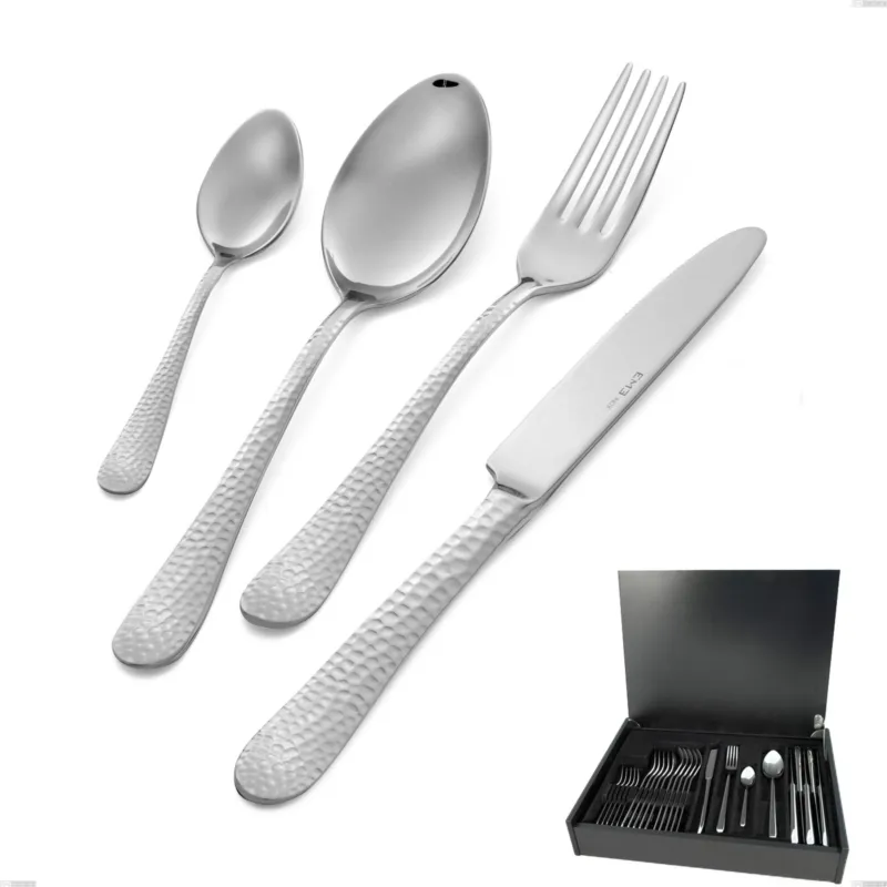 Offerta Limitata Astuccio legno 24 pezzi cortina, Acciaio inox (Aisi 304) acciaio martellato lucido Eme Posaterie