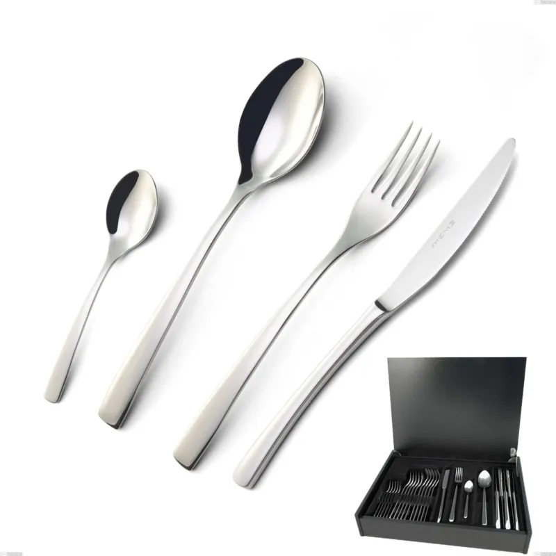 Affare Astuccio legno 24 pezzi Onda, Acciaio inox (Aisi 304) lucido Eme Posaterie
