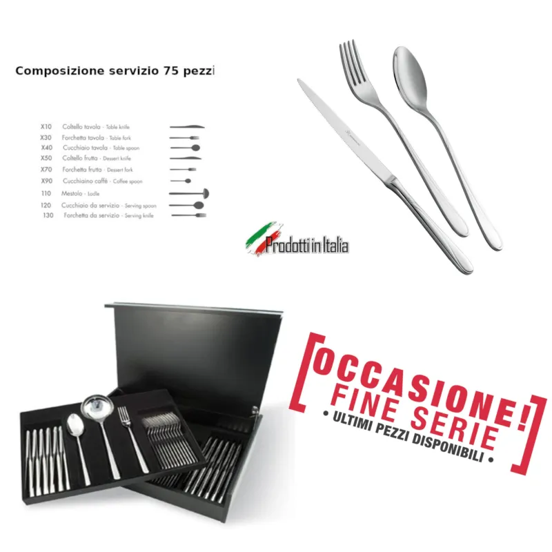Servizio Posate 75 Pezzi MONICA in acciaio inox 18/10 lucidato a specchio in astuccio legno Eme Posaterie Subito Disponibile