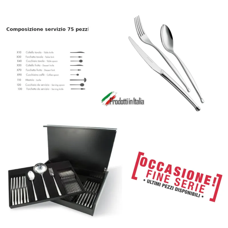 Consegna Rapida Servizio Posate 75 Pezzi punto in acciaio inox 18/10 lucidato a specchio Forgiato in Astuccio di Legno Eme Posaterie
