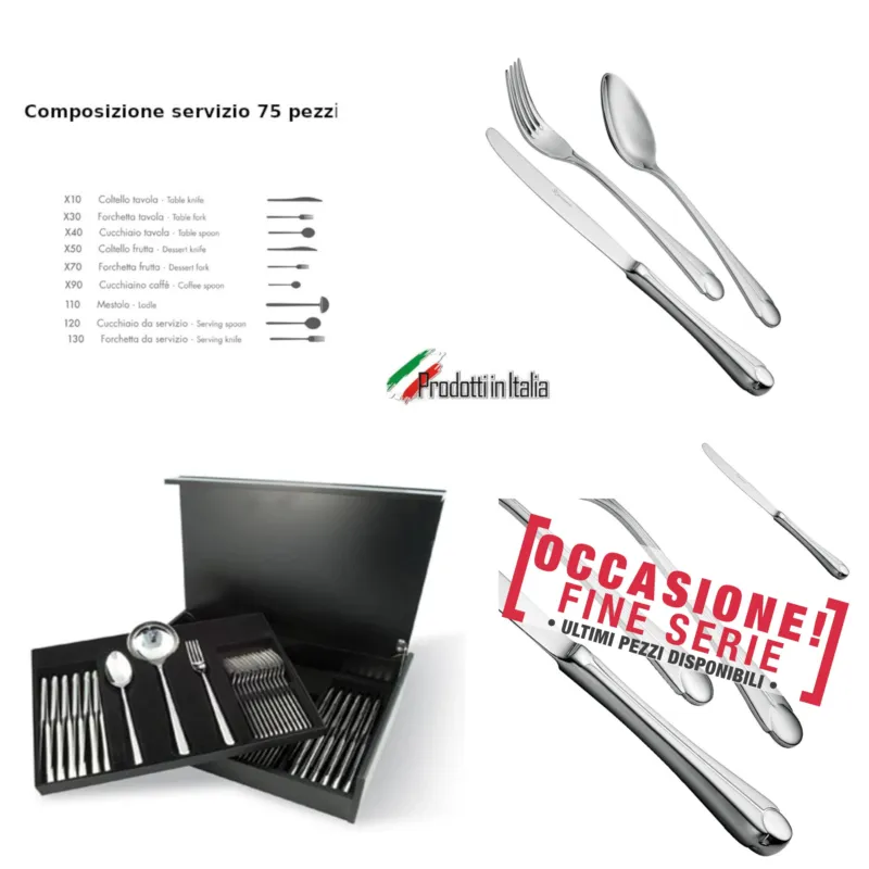 Servizio Posate 75 Pezzi NACRE in acciaio inox 18/10 lucidato a specchio Forgiato in Astuccio di Legno Eme Posaterie Di Tendenza