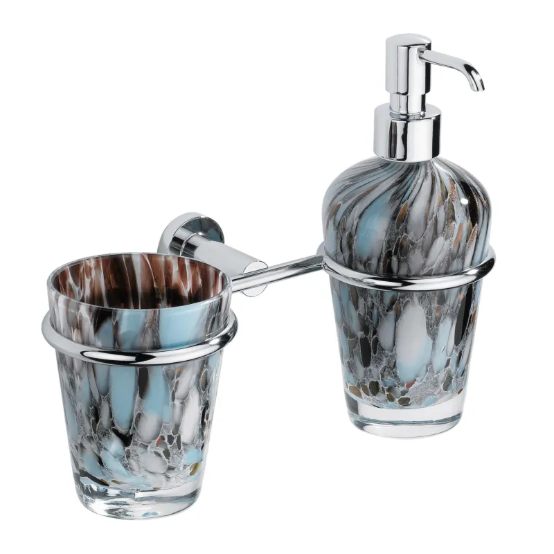 Nuova Collezione Porta bicchiere dosatore con supporto fissaggio a muro con contenitore in vetro di murano DECO 29x11,5xh20 cm supporti in ottone cromato inox lucido Carlo Iotti- Accessori Bagno