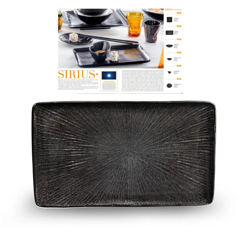 Piatto rettangolare stoneware Gres SIRIUS 30x18xh2,5 cm Decorazione sotto smalto lavabile in lavastoviglie Nero Lucido Kaleidosmilano Consegna Rapida