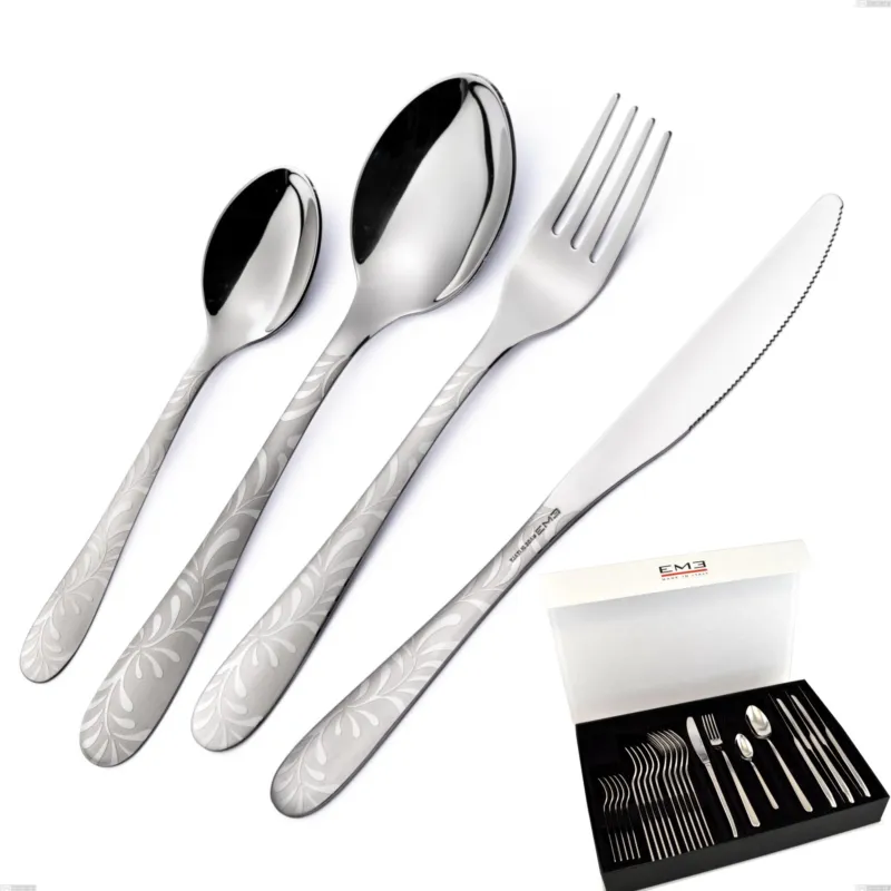 Set di posate 24 pezzi Segno Mediterraneo in confezione panoramica a libro coltello economico, Acciaio 18/10 (aisi 304) incisione laser, spessore 1.8 mm Eme Posaterie Super Prezzo