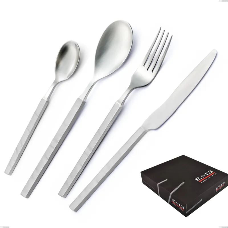 Set di posate 75 pezzi Zeus ICE in confezione regalo , Acciaio 18/10 forgiato martellato sabbiato, spessore 4 mm, forgiato Eme Posaterie Compra Oggi Stesso