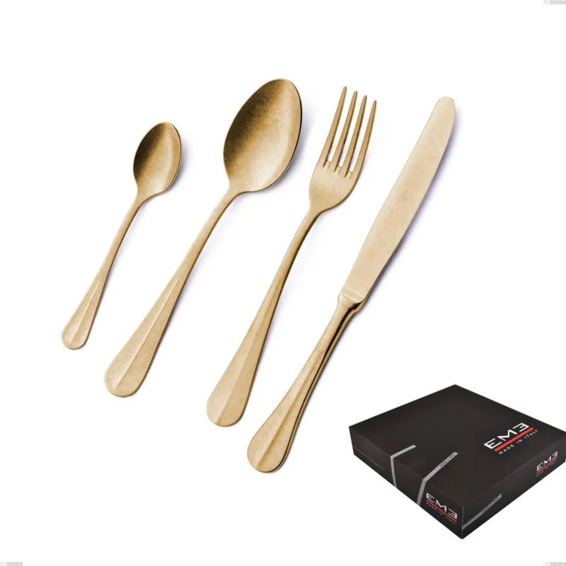 Confezione regalo 49 pezzi Royal Retrò PVD Gold, Acciaio 18/10 antico, spessore 2.5 mm, pvd oro Eme Posaterie Acquista Ora
