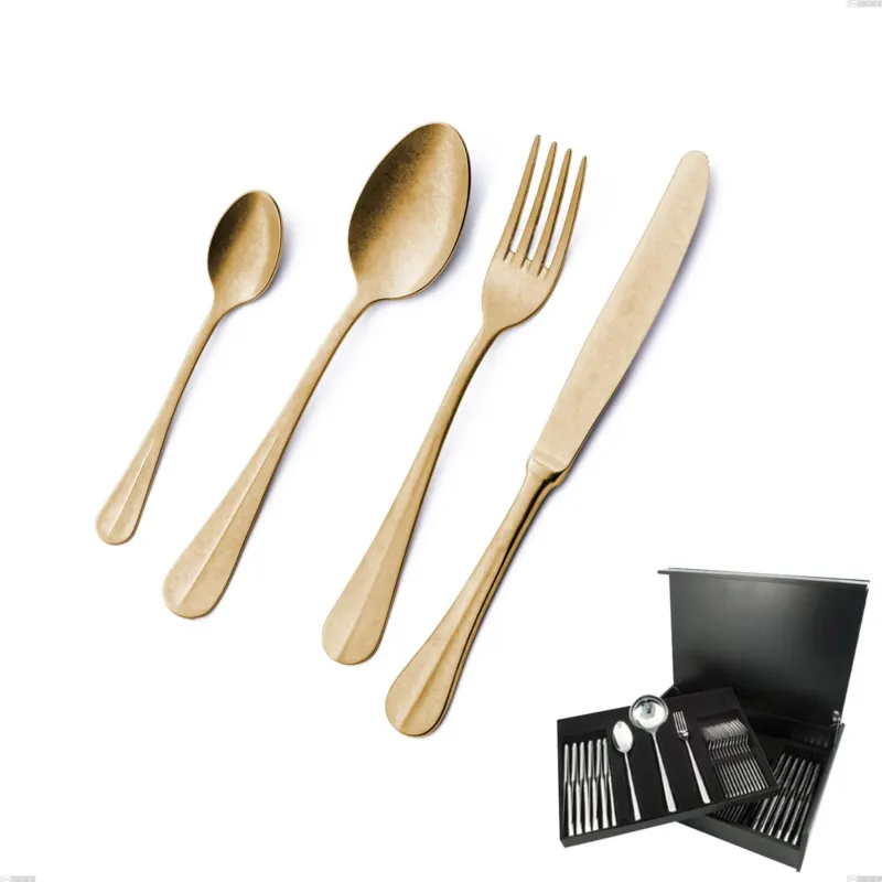 Consegna Rapida Servizio di posate 75 pezzi in astuccio di legno Royal Retrò PVD Gold, Acciaio 18/10 antico, spessore 2.5 mm, pvd oro Eme Posaterie