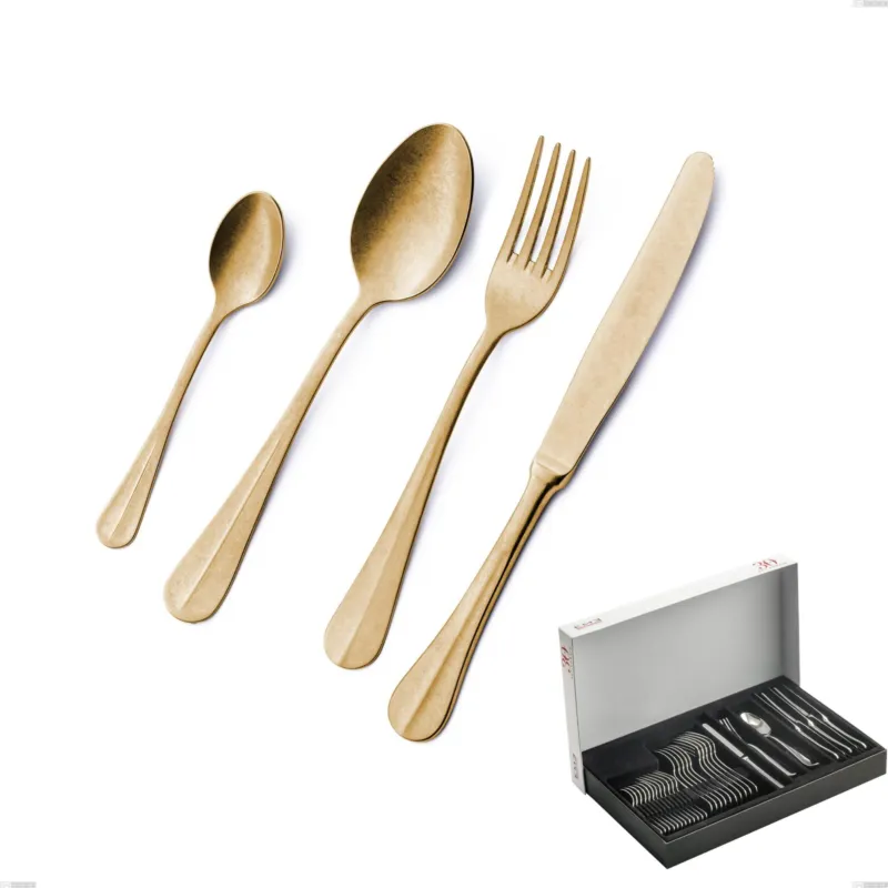 Confezione Panoramica 30 pezzi Royal Retrò PVD Gold, Acciaio 18/10 antico, spessore 2.5 mm, pvd oro Eme Posaterie Occasione