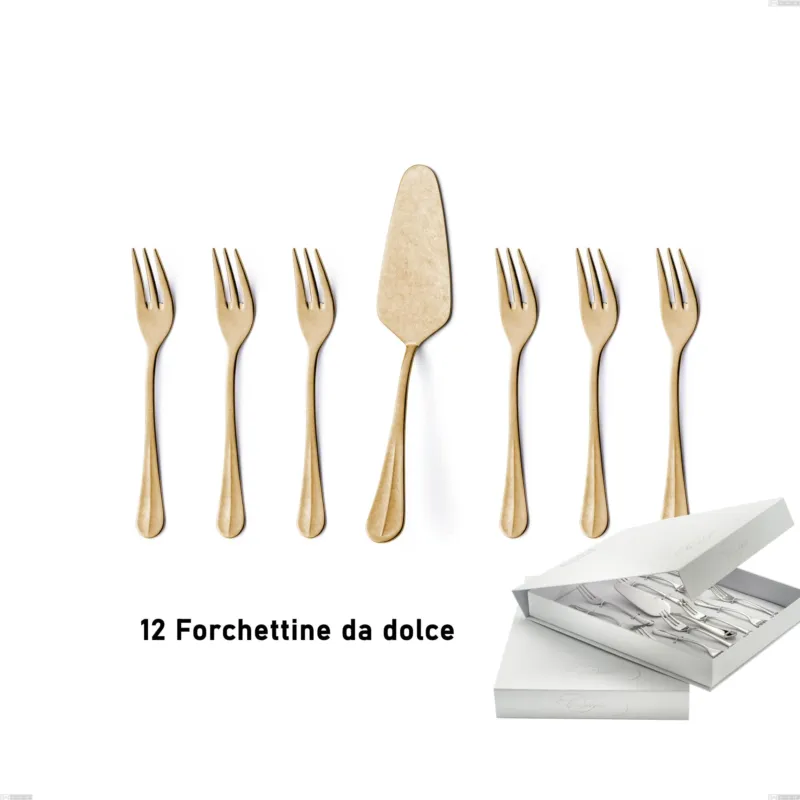 Super Prezzo Confezione a libro 13 pezzi, forchettine più paletta dolce Royal Retrò PVD Gold, Acciaio 18/10 antico, spessore 2.5 mm, pvd oro Eme Posaterie
