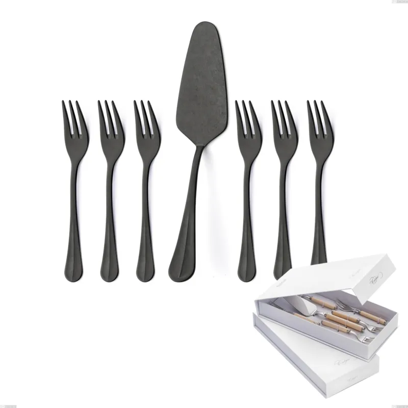 Confezione a libro 7 pezzi, forchettine più paletta dolce Royal Retrò PVD Black, Acciaio inox 18/10 antico, spessore 2.5 mm, pvd black Eme Posaterie Scelto Dai Clienti