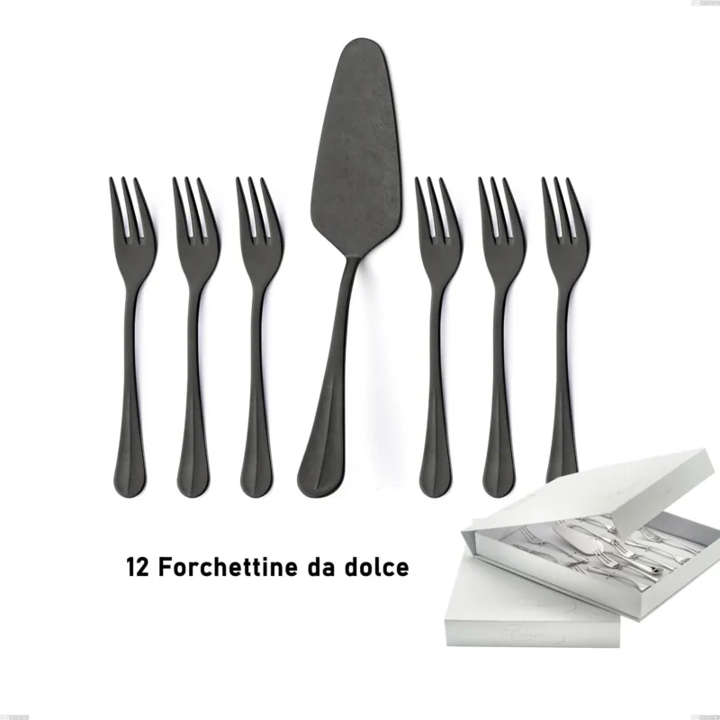Confezione a libro 13 pezzi, forchettine più paletta dolce Royal Retrò PVD Black, Acciaio inox 18/10 antico, spessore 2.5 mm, pvd black Eme Posaterie Reso Gratuito