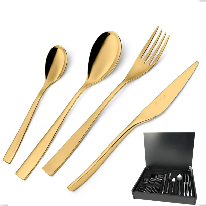 Prezzo Scontato Servizio di posate 24 pezzi in astuccio di legno Etoile PVD Gold, Acciaio 18/10 lucido, spessore 4 mm, pvd oro Eme Posaterie