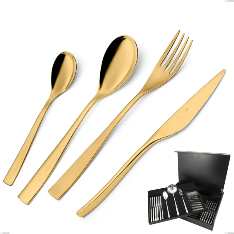 Spedito Oggi Servizio di posate 75 pezzi in astuccio di legno Etoile PVD Gold, Acciaio 18/10 lucido, spessore 4 mm, pvd oro Eme Posaterie