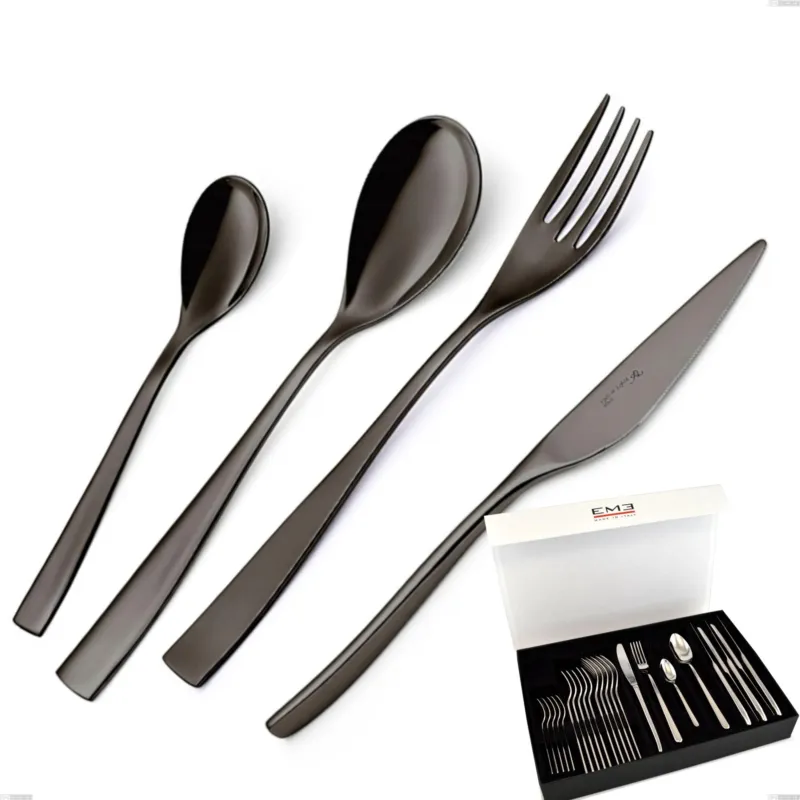Economico Confezione panoramica a libro 24 pezzi EtoIle PVD Black, Acciaio 18/10 lucido, spessore 4 mm, PVD black Eme Posaterie