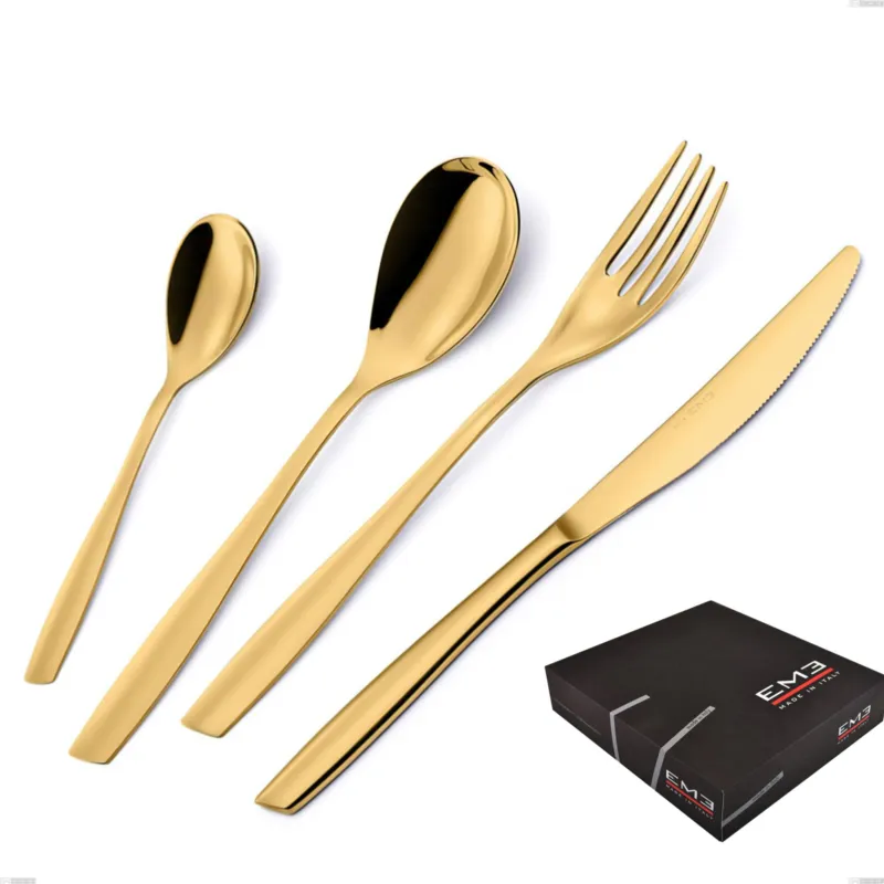 Offerta Limitata Set di posate 75 pezzi Eleven PVD Gold in confezione regalo, Acciaio 18/10 lucido, spessore 2.5 mm, PVD oro Eme Posaterie