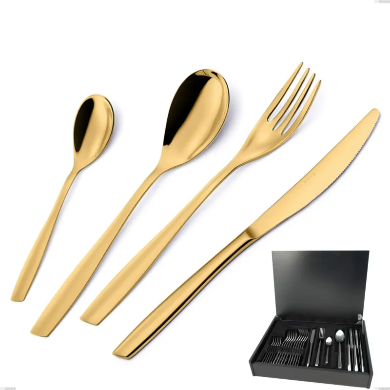 Esclusivo Servizio di posate 24 pezzi in astuccio di legno Eleven PVD Gold, Acciaio 18/10 lucido, spessore 2.5 mm, PVD oro Eme Posaterie