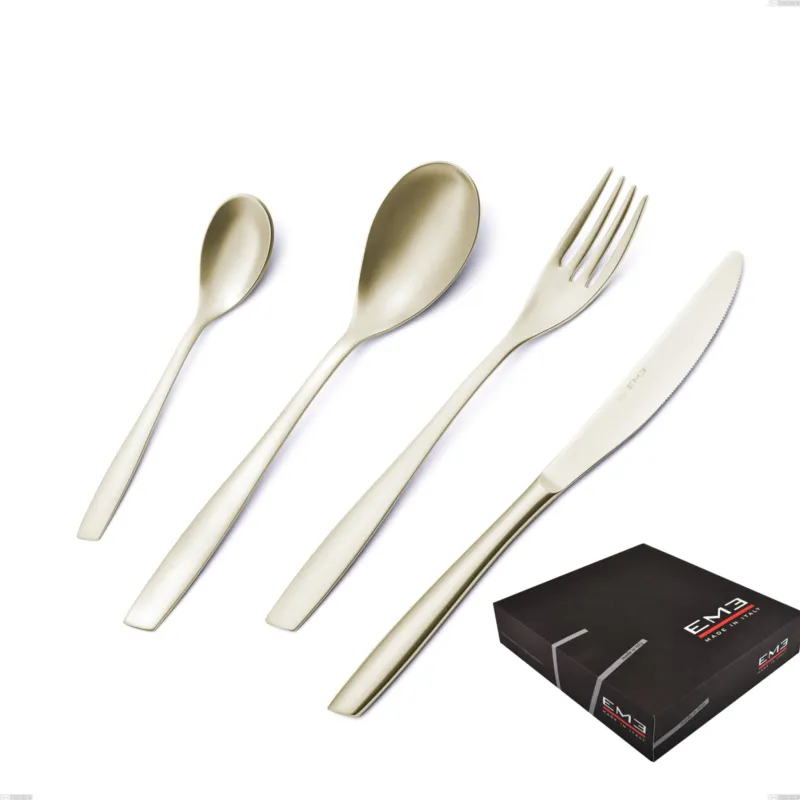 Esclusivo Set di posate 75 pezzi Eleven PVD Champagne in confezione regalo, acciaio 18/10 sabbiato, spessore 2.5 mm, pvd champagne Eme Posaterie