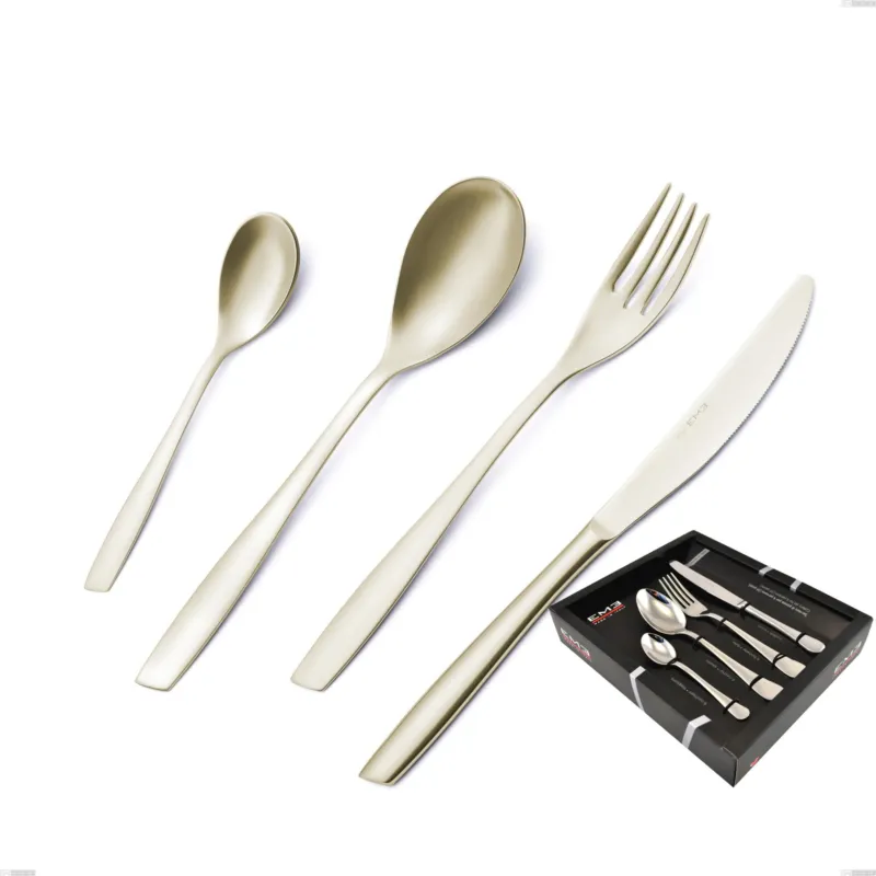 Confezione vetrina 24 pezzi Eleven PVD Champagne, acciaio 18/10 sabbiato, spessore 2.5 mm, pvd champagne Eme Posaterie Pagamento Sicuro