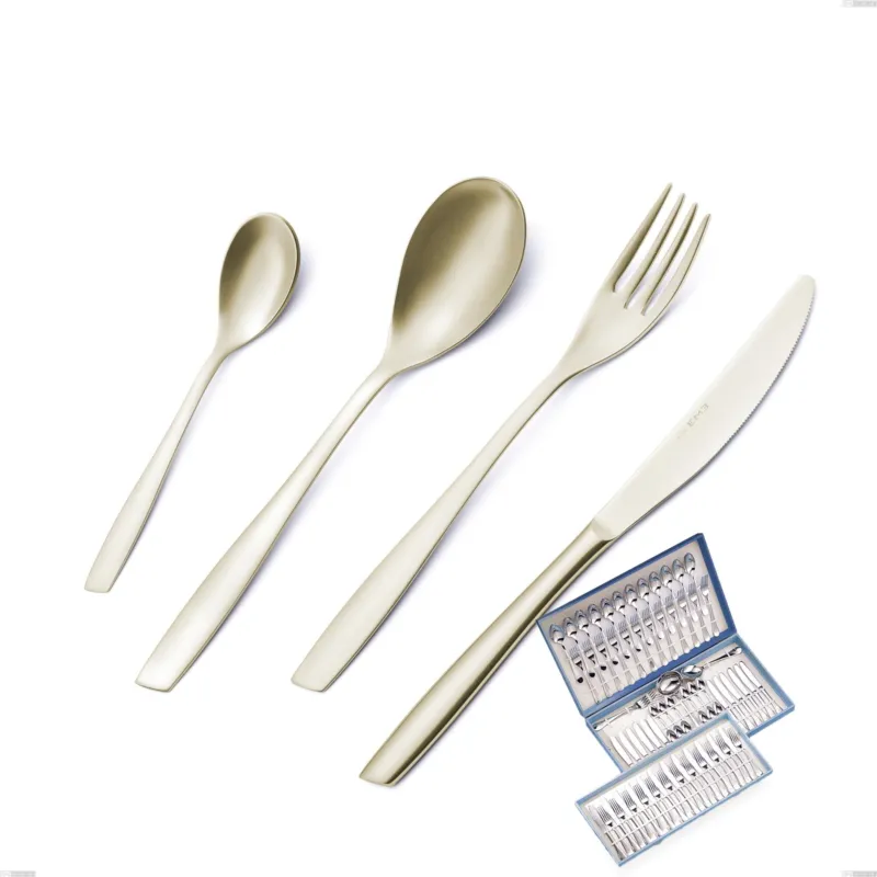 Servizio di posate 75 pezzi in astuccio regalo Eleven PVD Champagne, acciaio 18/10 sabbiato, spessore 2.5 mm, pvd champagne Eme Posaterie Promo Stagionale