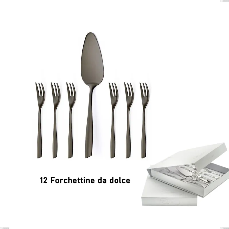 Prezzo Basso Confezione a libro 13 pezzi, forchettine più paletta dolce Eleven PVD Black, Acciaio inox 18.10, spessore 2,5 mm Eme Posaterie