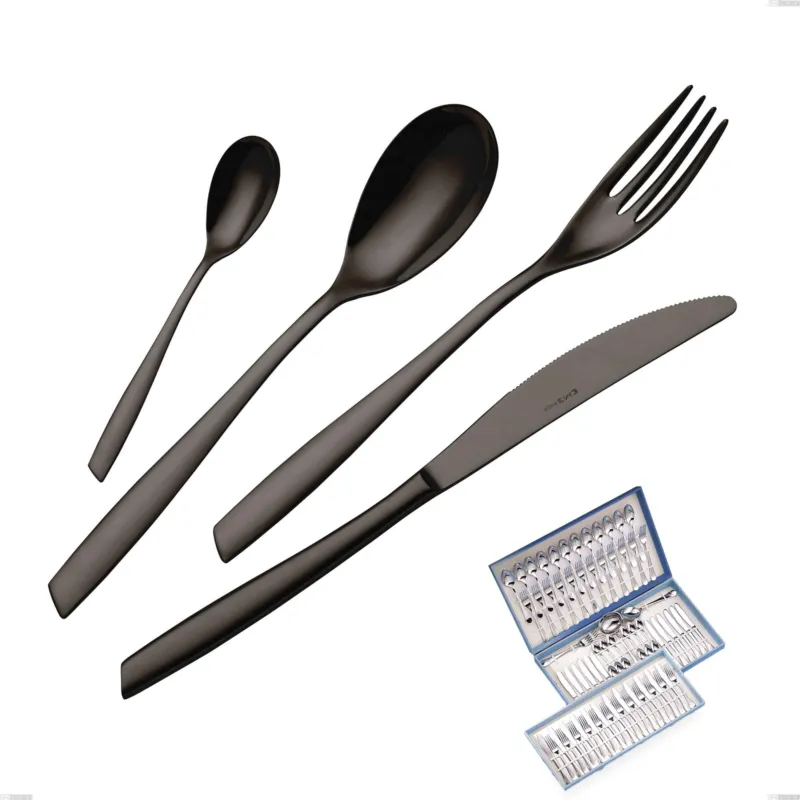 Spedito Oggi Servizio di posate 75 pezzi in astuccio regalo Eleven PVD Black, Acciaio inox 18.10, spessore 2,5 mm Eme Posaterie