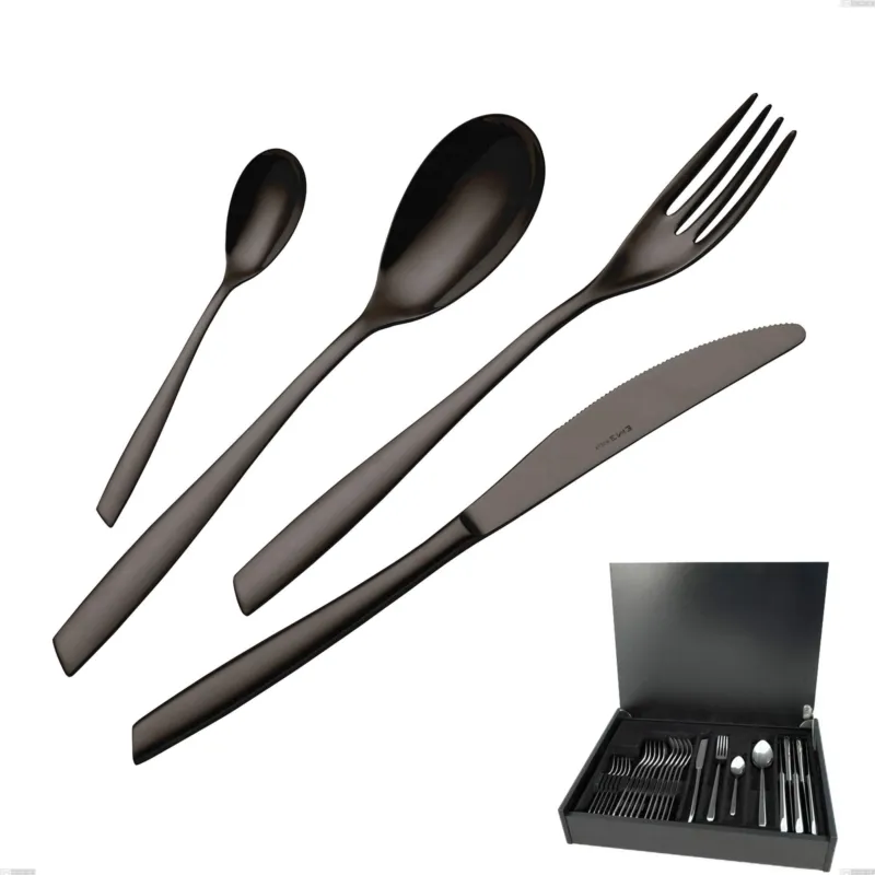 Nuova Collezione Servizio di posate 24 pezzi in astuccio di legno Eleven PVD Black, Acciaio inox 18.10, spessore 2,5 mm Eme Posaterie