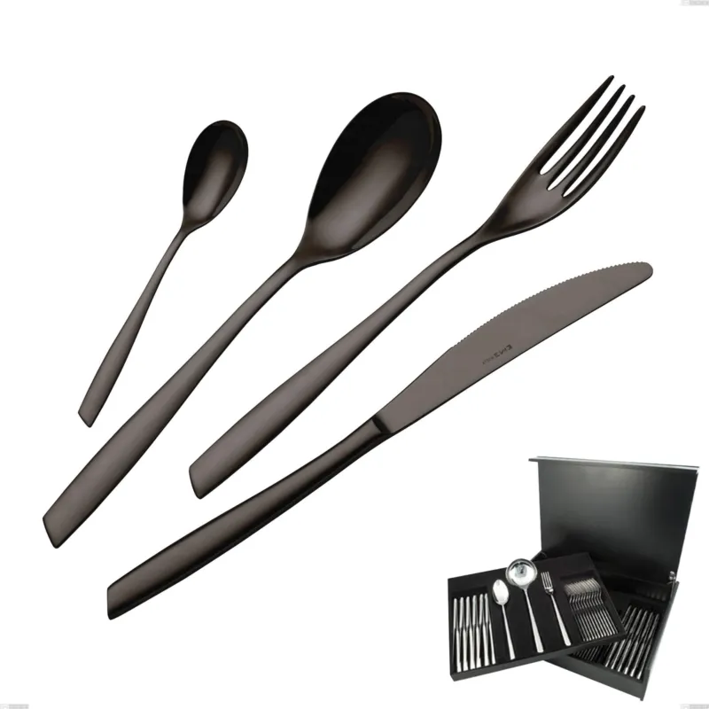 Servizio di posate 75 pezzi in astuccio di legno Eleven PVD Black, Acciaio inox 18.10, spessore 2,5 mm Eme Posaterie Promozione Esclusiva