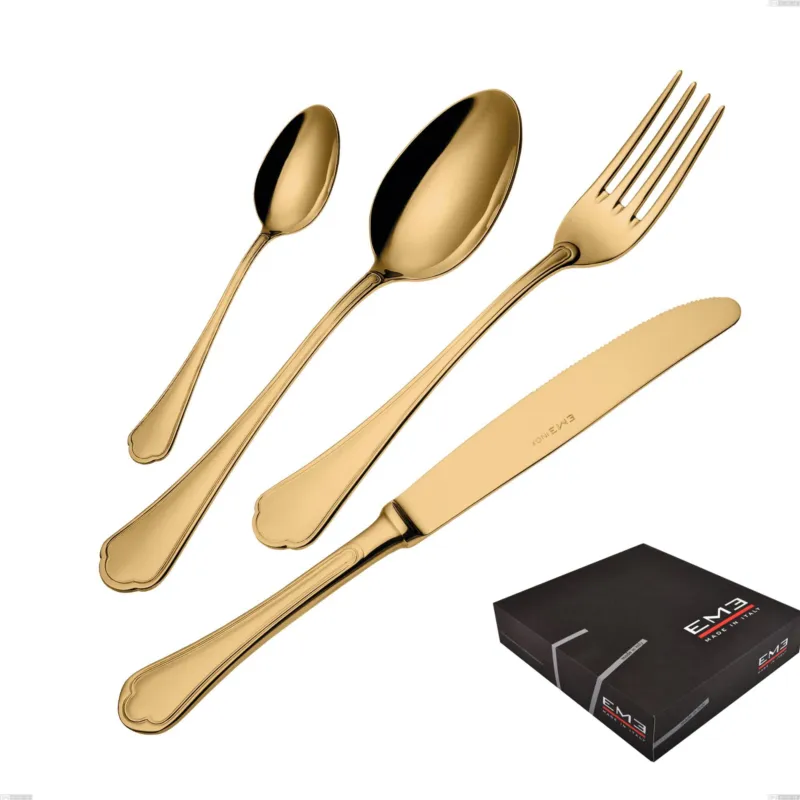 Ultimissimo Modello Set di posate 75 pezzi Domus Gold in confezione regalo, Acciaio 18/10, spessore 3 mm Eme Posaterie