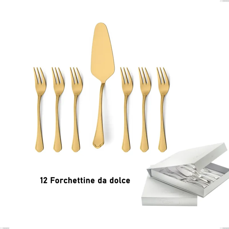 Reso Gratuito Confezione a libro 13 pezzi, forchettine più paletta dolce Domus Gold, Acciaio 18/10, spessore 3 mm Eme Posaterie