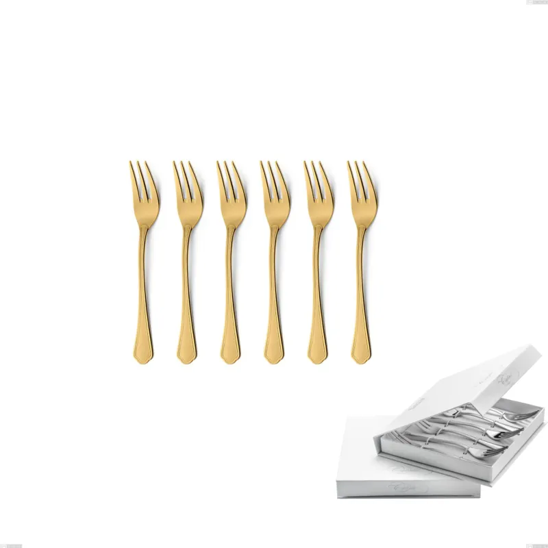 Acquista Ora Confezione a libro 6 pezzi forchette dolce Domus Gold, Acciaio 18/10, spessore 3 mm Eme Posaterie