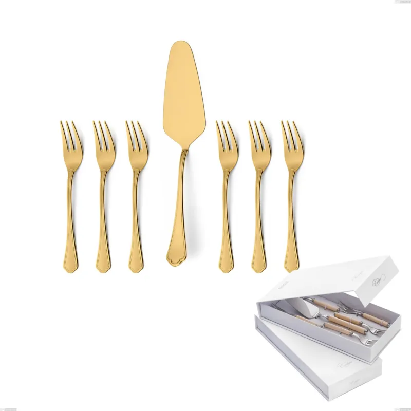 Confezione a libro 7 pezzi, forchettine più paletta dolce Domus Gold, Acciaio 18/10, spessore 3 mm Eme Posaterie Prezzo Ridotto