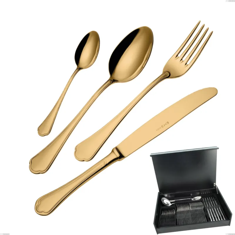 Servizio di posate 51 pezzi in astuccio di legno Domus Gold, Acciaio 18/10, spessore 3 mm Eme Posaterie Prezzo Scontato