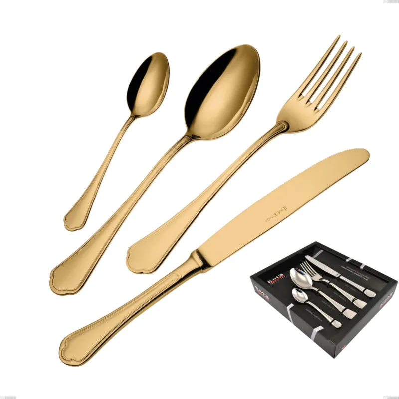 Vendita Finale Confezione vetrina 24 pezzi Domus Gold, Acciaio 18/10, spessore 3 mm Eme Posaterie