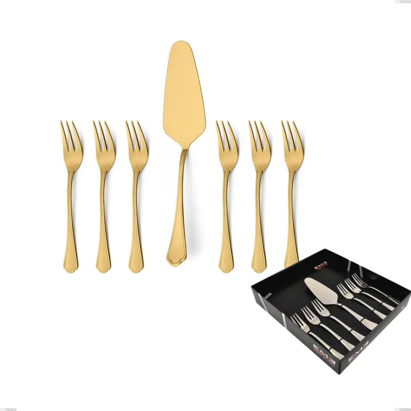 Nuova Collezione Confezione vetrina 7 pezzi dolce Domus Gold, Acciaio 18/10, spessore 3 mm Eme Posaterie