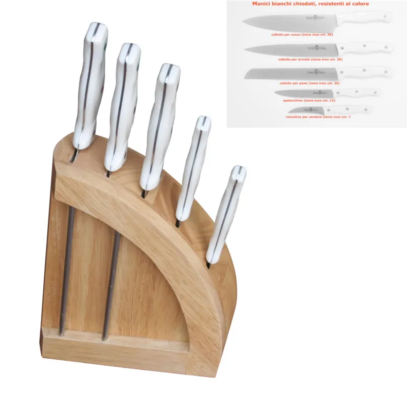 Ceppo coltelli in legno di faggio 20x8xh39 cm con 5 coltelli Da cucina Professionali manici bianchi n acciaio inox molibdeno Coltellerie Paolucci Direttamente Dal Produttore